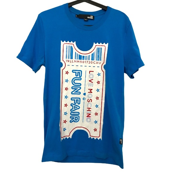 Men’s Moschino Graphic T-Shirt Fun Fair Ticket Blue Carnival Love Tee Sm… - Picture 1 of 12